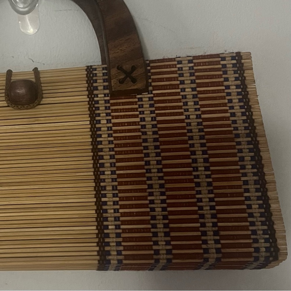 Vintage Collapsible Bamboo Handbag Slatted Double Wooden Handle Rectangle Purse - Picture 6 of 16